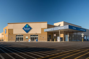 Front door of a Sam’s Club wholesale retail store building architecture by SGA Design Group.