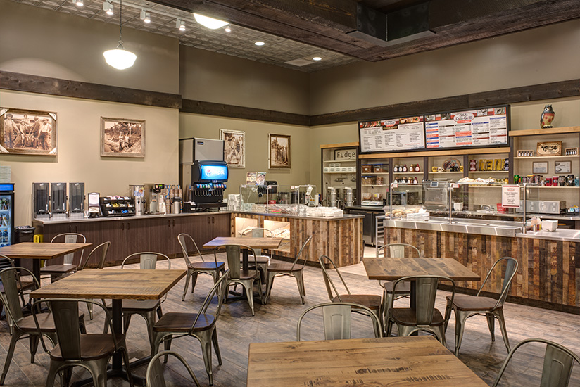 Cafe inside Cabela’s retail store building: architecture by SGA Design Group.