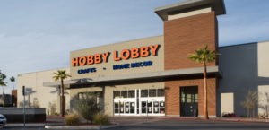 Front entrance of a Hobby Lobby retail store building designed by SGA Design Group