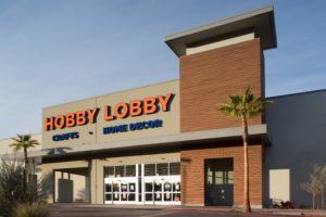 Front door of a Hobby Lobby retail store building designed by SGA Design Group.