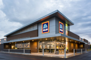 The exterior of an Aldi grocery store designed by SGA Design Group.