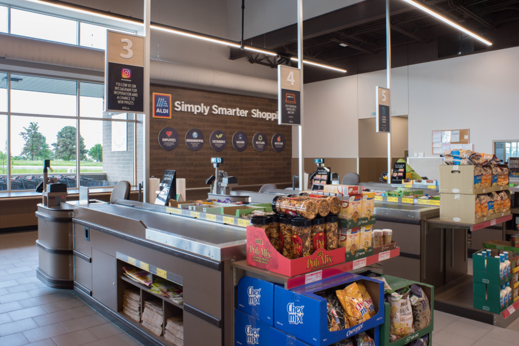 The interior of an Aldi grocery store designed by SGA Design Group.