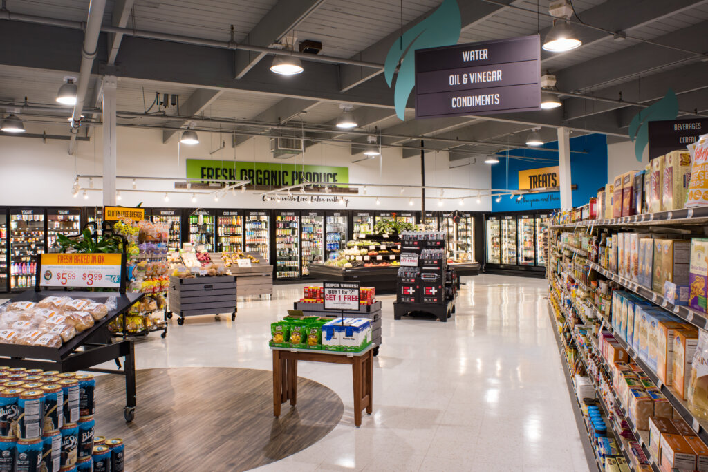 Interior of a grocery store building designed by SGA Design Group.