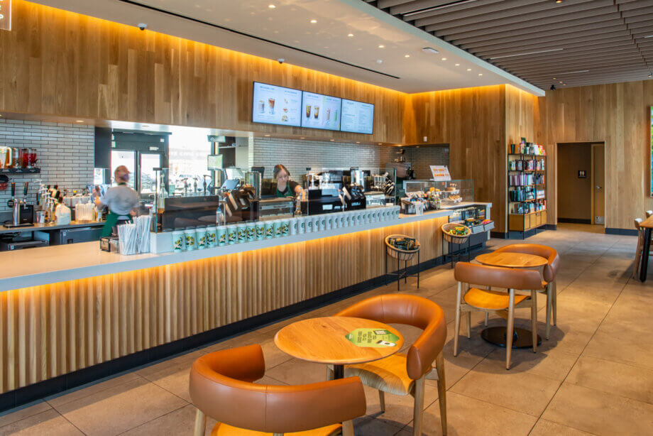 The interior of a Starbucks food service store designed by SGA Design Group.
